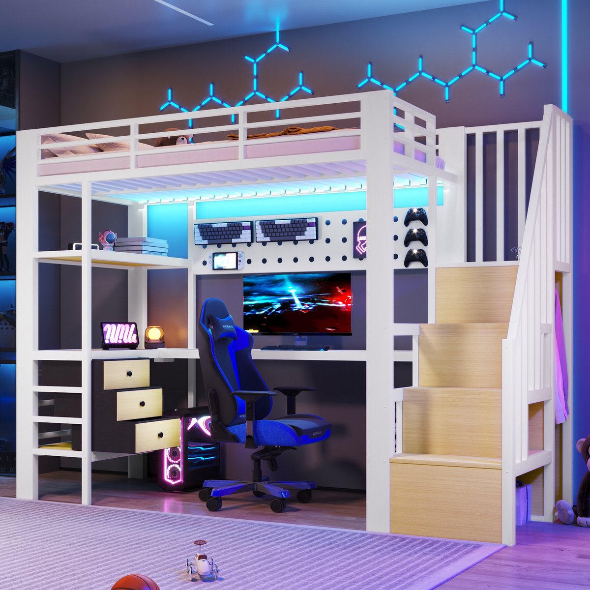 REDOM Hoogslaper - Met Opbergruimte En Bureau - Modern - Voor Slaapkamer - MDF En Metaal - Wit - 90 X 200 Cm