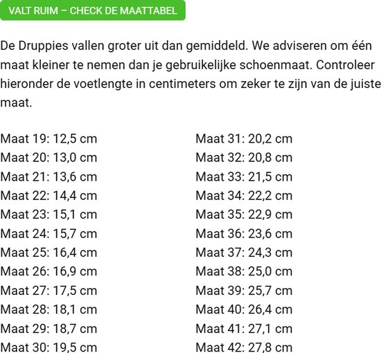 Maattabel voor kinderschoenen met afmetingen in centimeters.