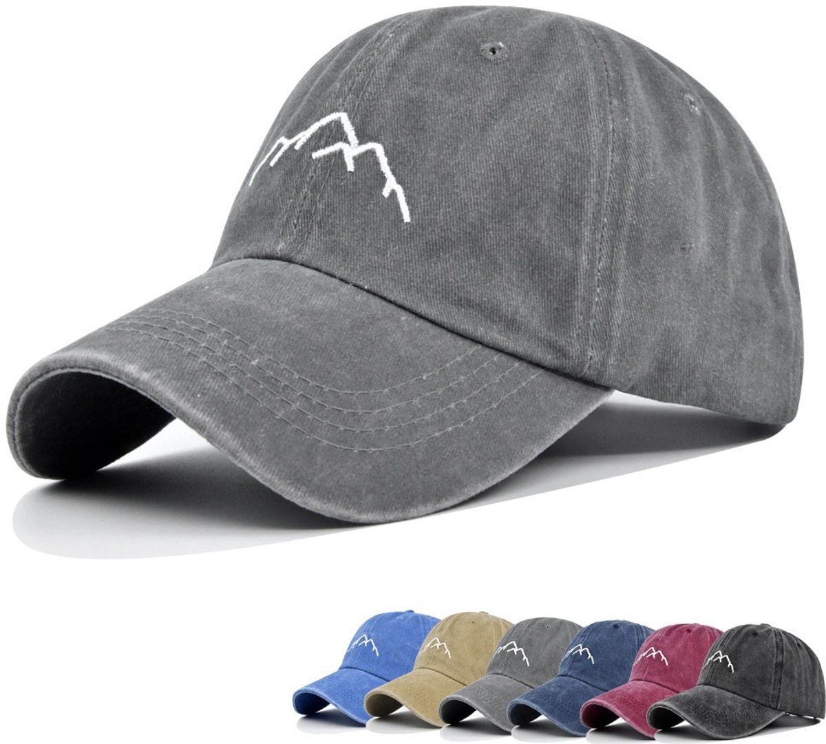 Geborduurde Baseball Pet met Bergprint – Vintage Stijl, Zonwerende Klep & Verstelbaar, Unisex Ademend Outdoor Cap(Kaki- Standaardmodel)