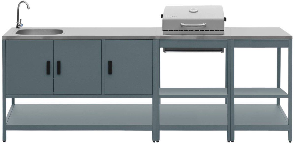 sweeek - 3 buitenkeukenmodules met barbecue op houtskool gootsteen en opbergruimte staal - naxos
