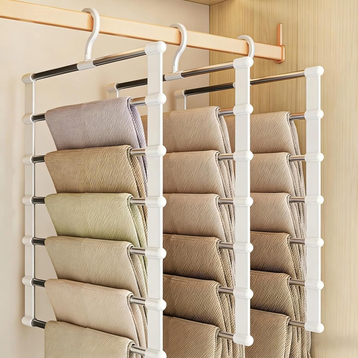 3-delige broekenrekset met 6 lagen — 48 x 36 cm — Verticale "trapeziumvormige" broeken- en leggingorganizer — Handige opbergoplossing — Ideaal voor kledingkasten, appartementen en studentenkamers — Compacte kledingopbergoplossing — Wit