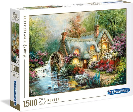 1500-stukjes legpuzzel met een schilderachtig huisje met rieten dak, waterrad en bloeiende struiken.