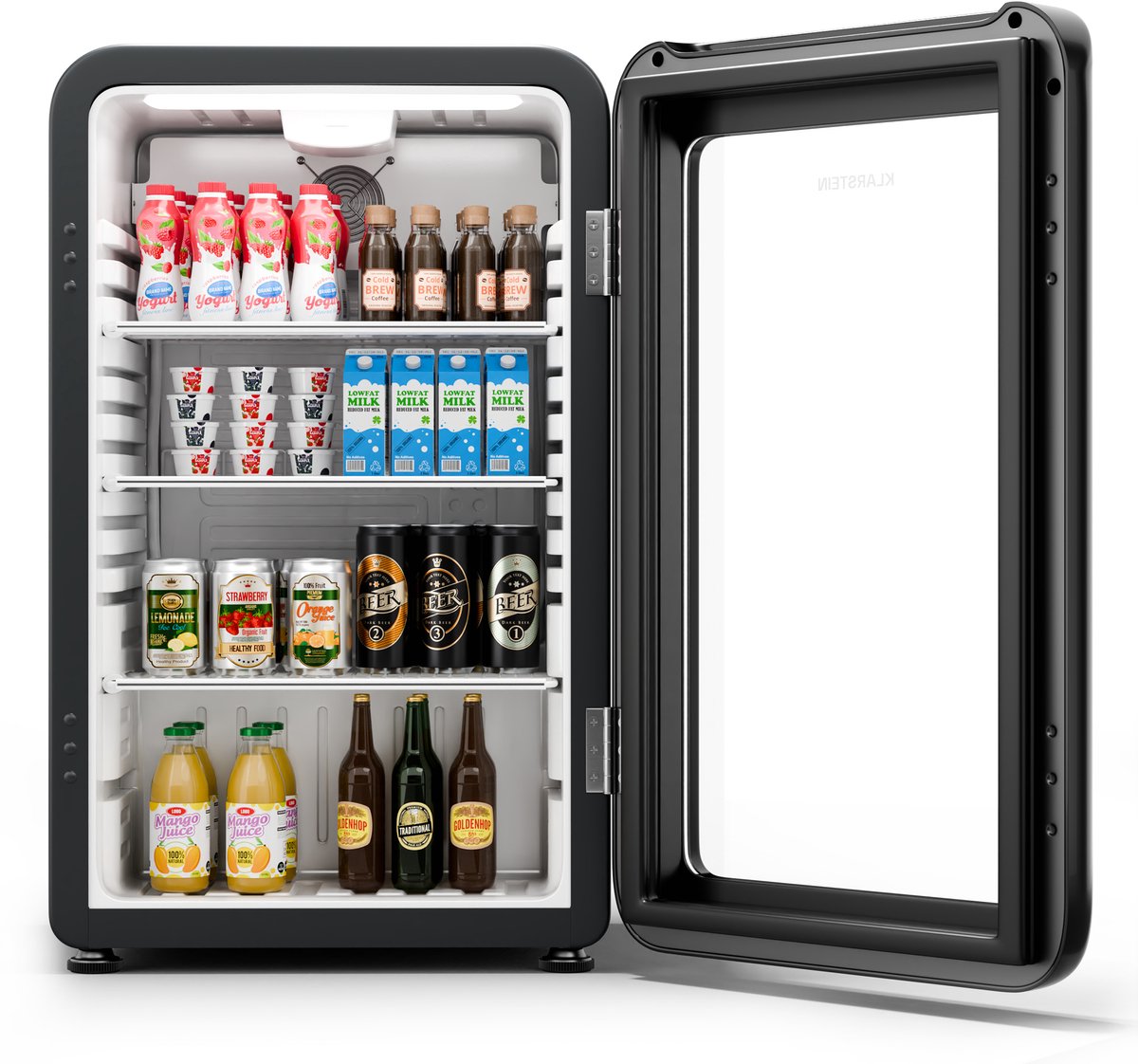 Klarstein Mini-Koelkast Audrey Evo Drankkoelkast met Glazen Deur - 95L Mini Koelkast, retro-design, LED-Verlichting, Dubbel Glasdeur, 0-10 °C, Energieklasse C, Zwart - Drankenkoelkast - 95L - Compact - Thermostaat Verstelbaar