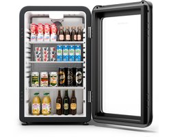 Klarstein Mini-Koelkast Audrey Evo Drankkoelkast met Glazen Deur - 95L Mini Koelkast, retro-design, LED-Verlichting, Dubbel Glasdeur, 0-10 °C, Energieklasse C, Zwart - Drankenkoelkast - 95L - Compact - Thermostaat Verstelbaar