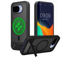 kwmobile Hoesje voor Google Pixel 10a - Compatibel met MagSafe - Hoesje met standaard en screenprotector van gehard glas - zwart / mat transparant