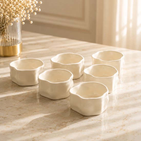 Six bols à collation en céramique blanche à la forme irrégulière, disposés sur une table en marbre. Un vase de fleurs séchées se trouve derrière.