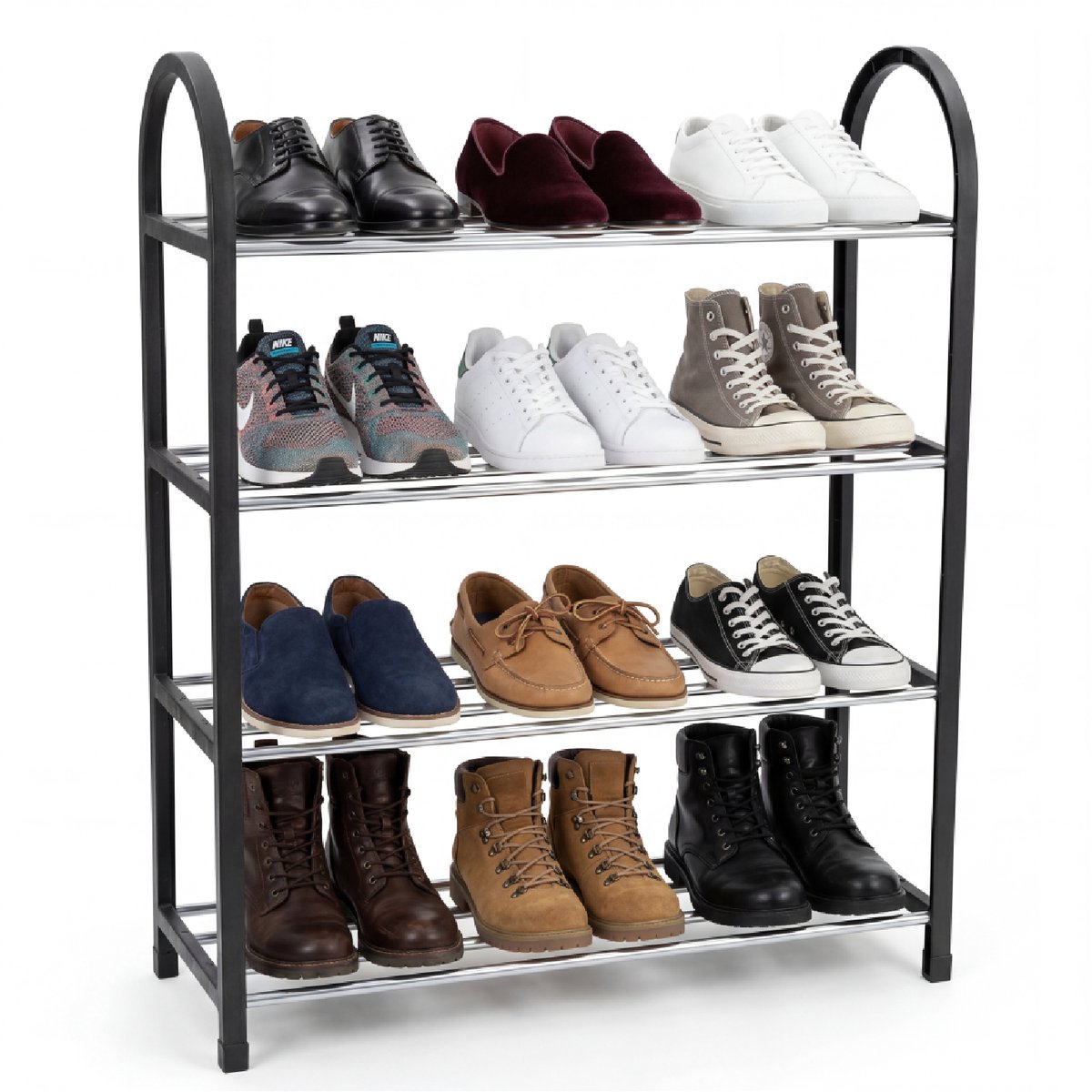 CleanRite Moderne Schoenenrek - Compacte Schoenenstandaard - 4 Lagen - voor 12 Schoenen - Stevige Schoenrek Metaal - Opbergsysteem voor Schoenen - Schoenen organizer - Schoenenkasten - Schoenen Organiseren - Schoenenrekken Kunststof - Zwart - Cleanrite Moderne Schoenenrek - Zwart