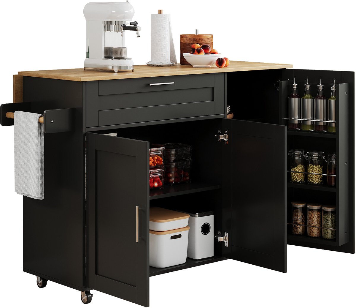WELLTIN verrijdbare keukentafel, inklapbaar werkblad, eikenhoutnerf, multifunctionele kast, kruidenrek, handdoekrek, 5 wielen, 132x44x90cm, geschikt voor keuken/eetkamer/thuis - Zwart