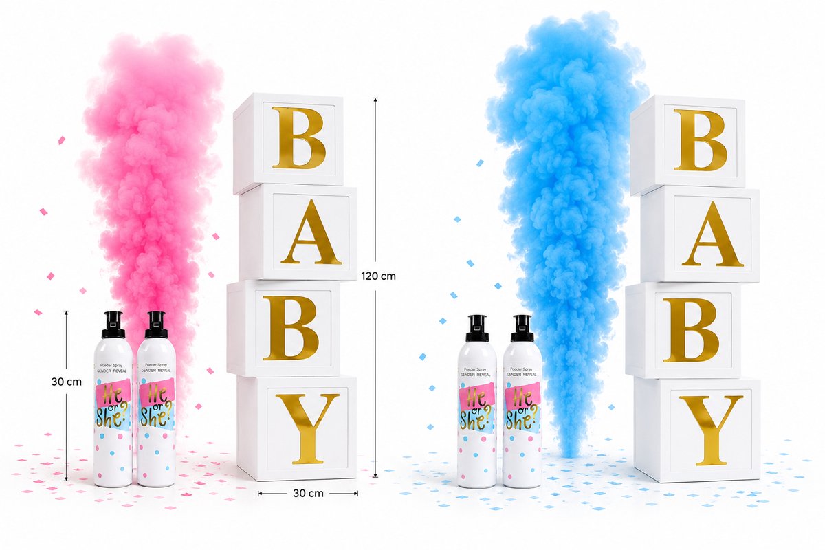 By Alejna Gender Reveal Set - 2x Poederspray Blauw + Luxe BABY Boxen - Babyshower Decoratie