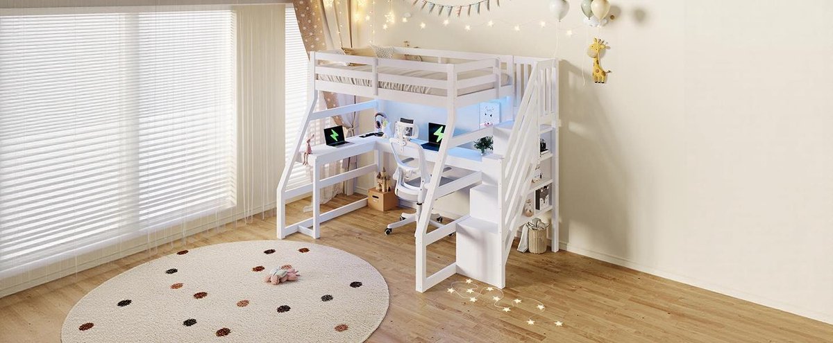 Hoogslaper Met Bureau - Kinderbed 90x200 Met LED En USB - Wit - Houten Loft Bed Met Opbergtrap
