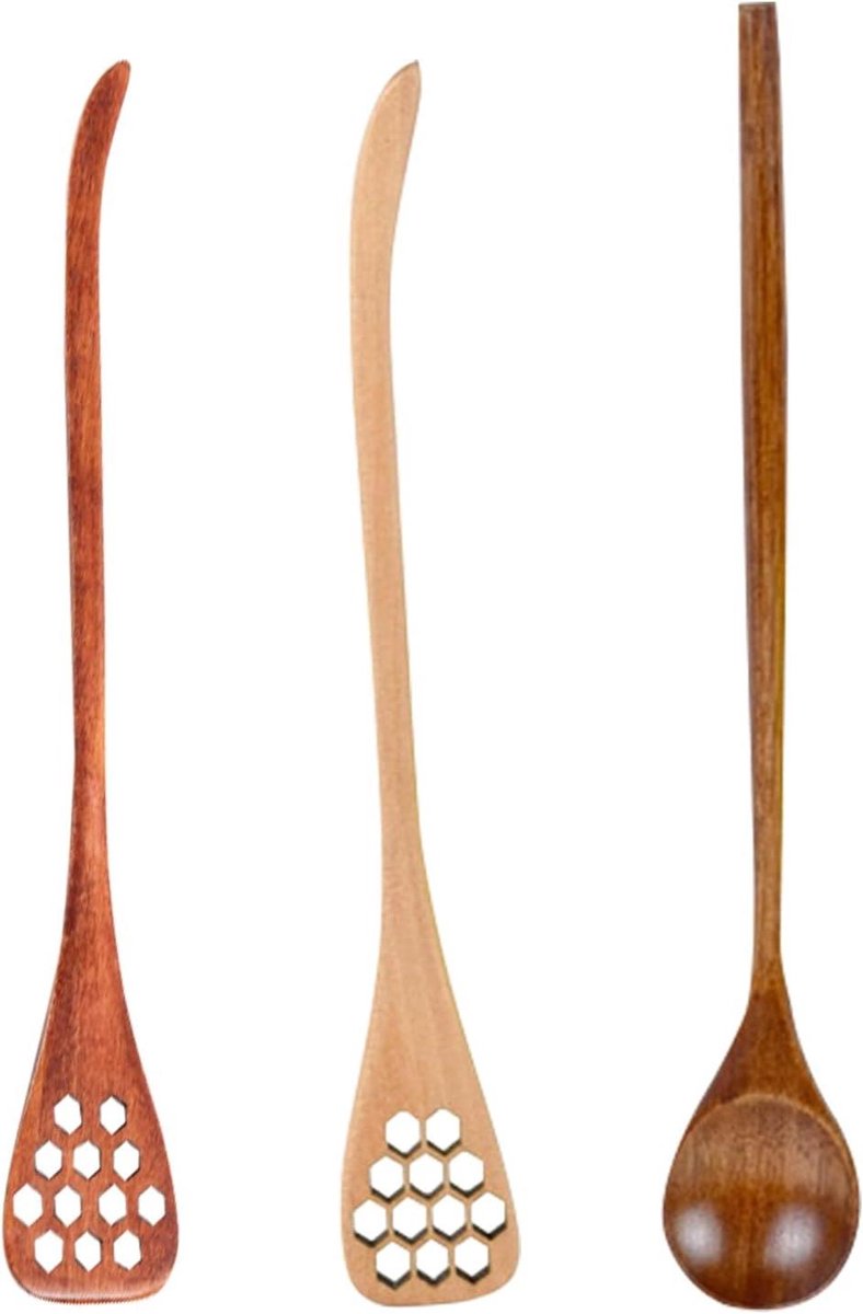 Honing Lepel - Honingstok - Thee Serveren - Verlengde Handgreep - 3 Stuks - Houtkleur