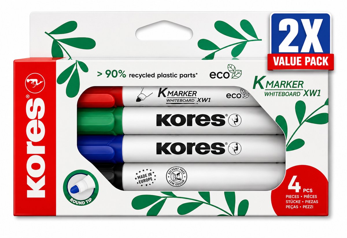 Kores Eco Permanent Markers Set van 4 Kleuren - Voordeelverpakking van 2 Etuis (8 Stiften Totaal) - Ronde Punt 3 mm - Milieuvriendelijk Hervulbaar Design - Permanente Inkt