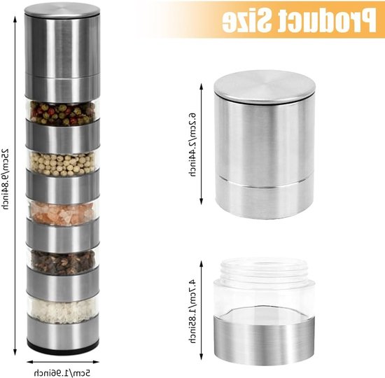 5-in-1 Specerijen Shaker Set voor Kamperen, Koken en Barbecueën - RVS Specerijenpotjes met Pepermolen en Mini Molen voor Reizen, Picknicken en Buiten Koken — afbeelding 5
