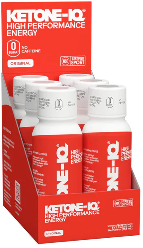Doos met zes flesjes Ketone-IQ Original energie drank. De doos is rood met witte tekst.