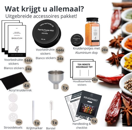 Overzicht van alle meegeleverde accessoires: potjes, etiketten, trechter, borstel, handleiding.