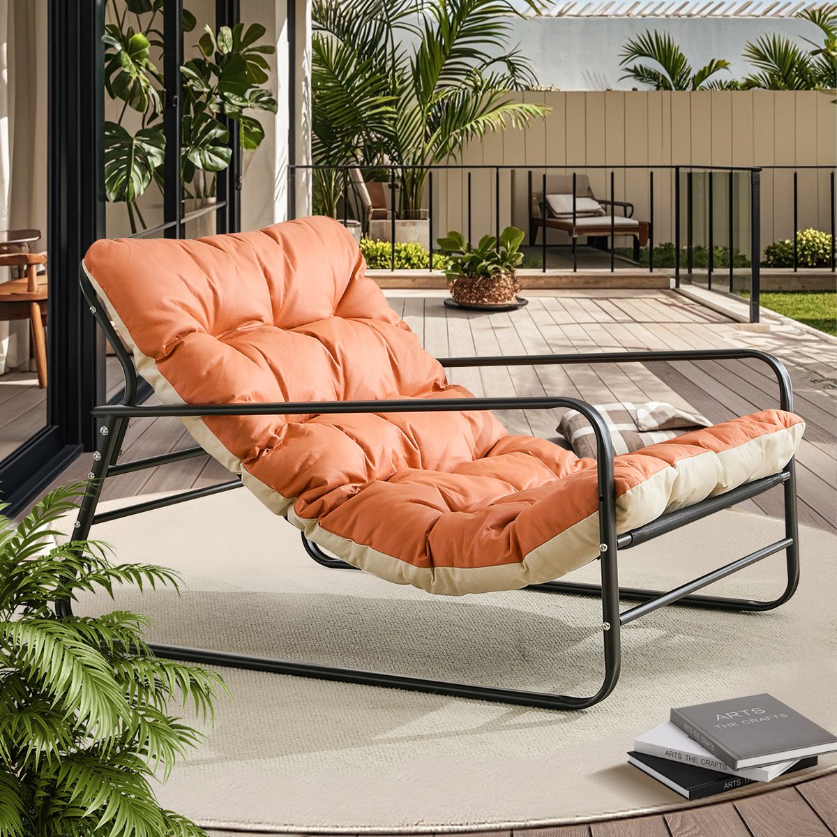HomeMiYN Loungestoel met Stalen Frame – Teslindi Stof Oranje-Rood – Voor Woonkamer, Balkon, Tuin & Terras – 240kg – Ergonomisch
