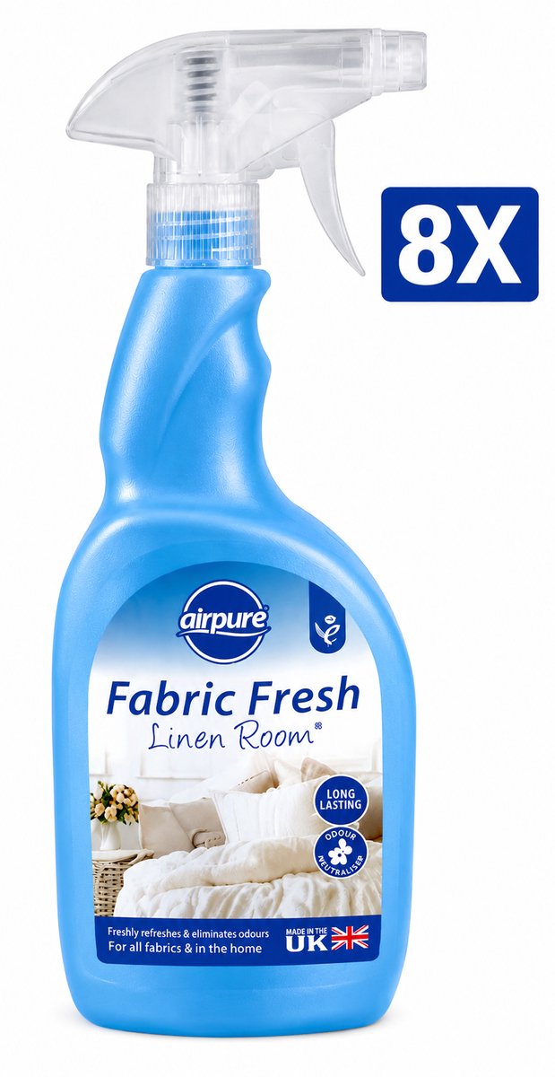 Airpure Textielverfrisser Linnen (Linen Room) 750 ml Spray - Set van 8 Flessen (6 L Totaal) - Geurneutralisator voor Beddengoed Gordijnen Kleding en Meubels - 100% Veganistisch en Dierproefvrij - Made in UK