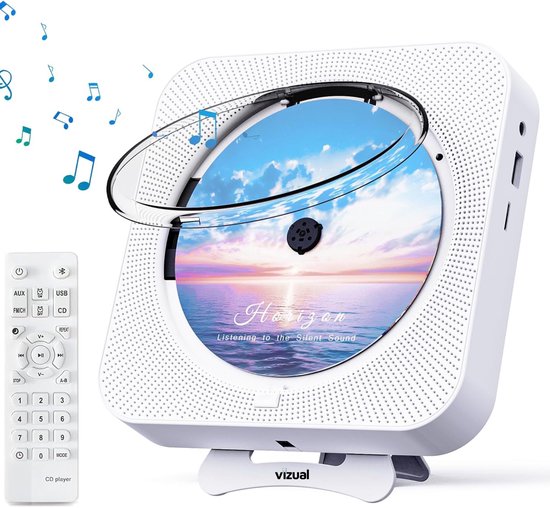CD Speler Bluetooth met FM Radio, USB, AUX, TF, Hi-Fi Speakers, Wand- en Tafelmodel – Vizual Wit