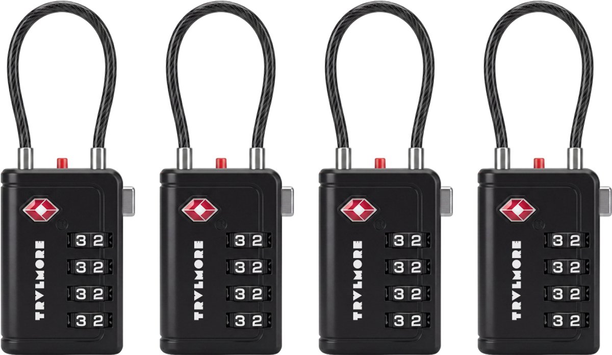 TRVLMORE Kofferslot met Kabel - TSA Gecertificeerd - Alarmfunctie - 4-Cijferig - 4 Stuks - Zwart