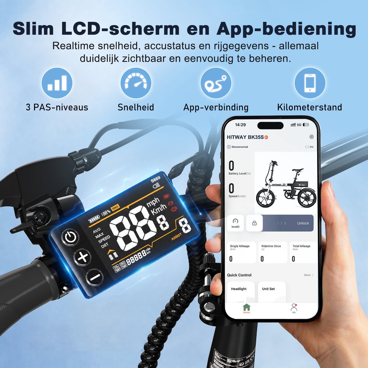 Hitway Elektrische Fiets BK35S - Trendy 16 Inch City Commuter EBike met Afneembare 36V 9Ah Lithium Batterij - Opvouwbaar E-Bike met 250W Motor - APP Bediening – foto 5