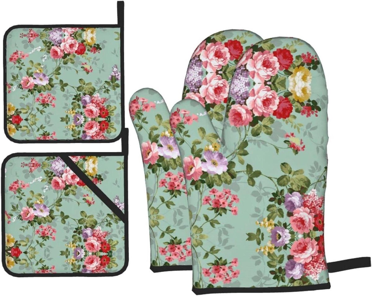 Ovenwanten Set - Keuken Textiel - Veilig Bakken - Bloemenprint Design - Set van 4 - Multicolor