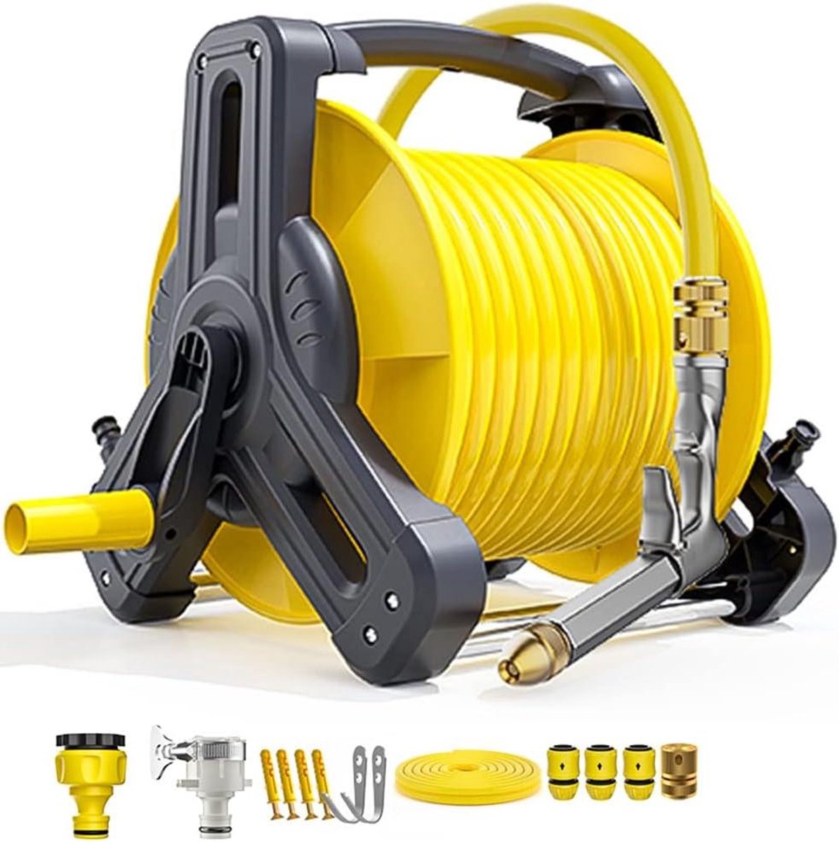 Draagbare Tuinslanghaspel - Mobiele Kar - Tuin Bewatering - Inclusief Mondstuk - Tot 40m Slang - Geel