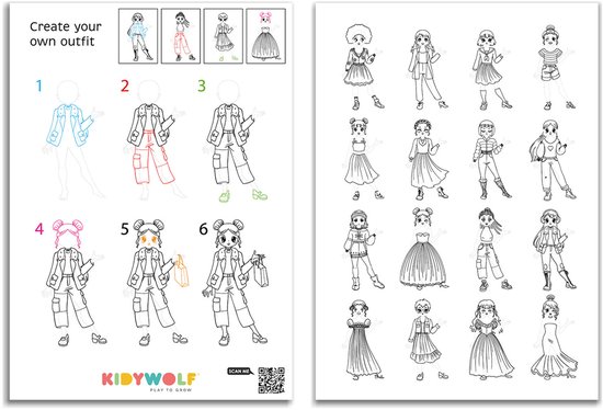 Handleiding voor het maken van outfits met Kidywolf logo, veel modieuze poppetjes.
