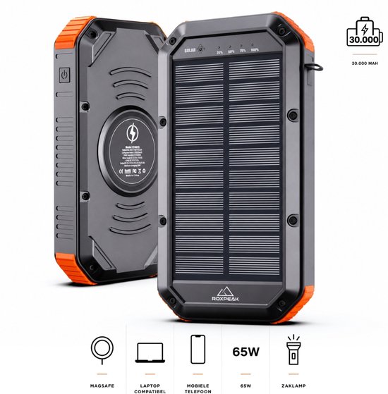 RoxPeak® Titancharge X1 - Solar Powerbank 30.000 MaH - 65W Snellader - Geschikt voor Laptops & alle smartphones & Tablets - 4x USB A + USB-C - LED Display - Outdoor - Noodpakket - Universeel - Zwart