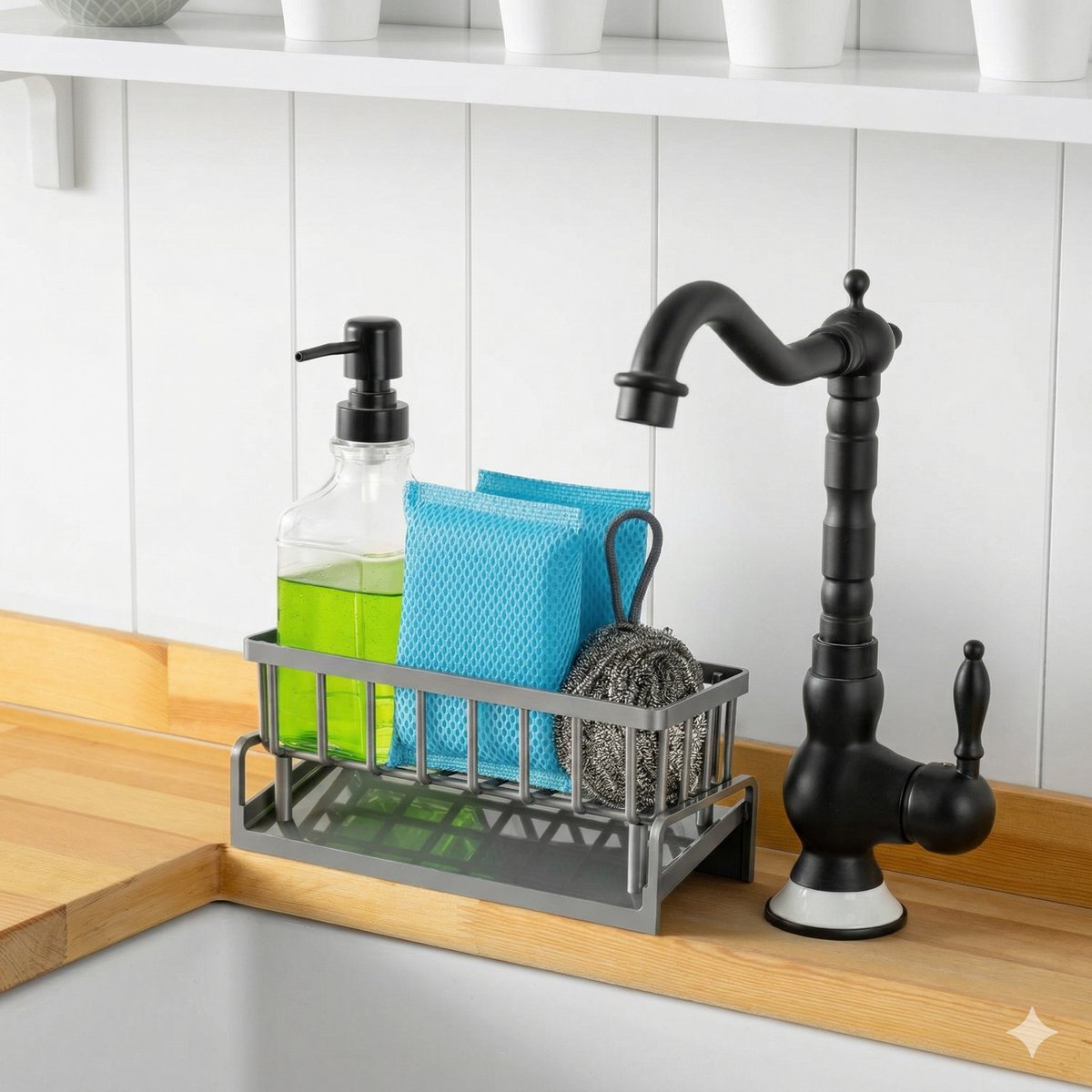 INDECOR Gootsteen Organizer – Keuken / Aanrecht Organizer – Sponshouder en Afwasborstel Houder - Antraciet