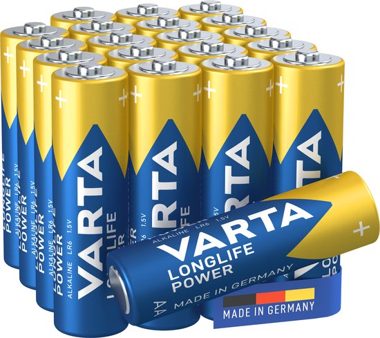 Un tas de piles Varta Longlife Power AA avec inscription bleue et jaune. Une pile est couchée devant.