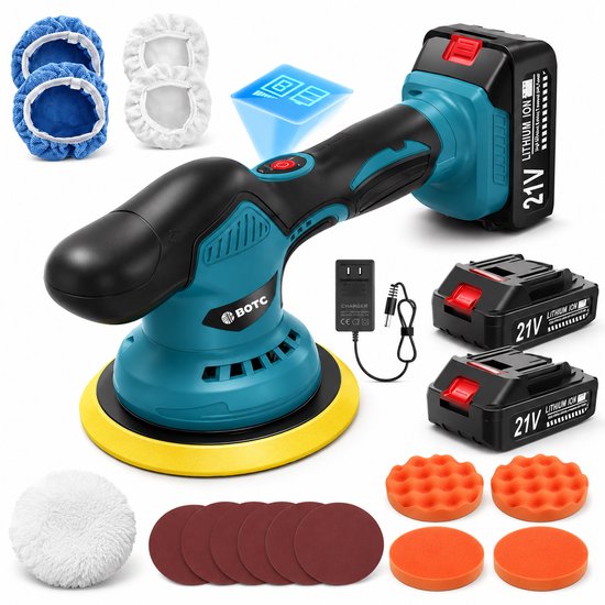 Blauwe en zwarte draadloze polijstmachine met 2x 21V accu, oplader, en diverse pads en schijven.