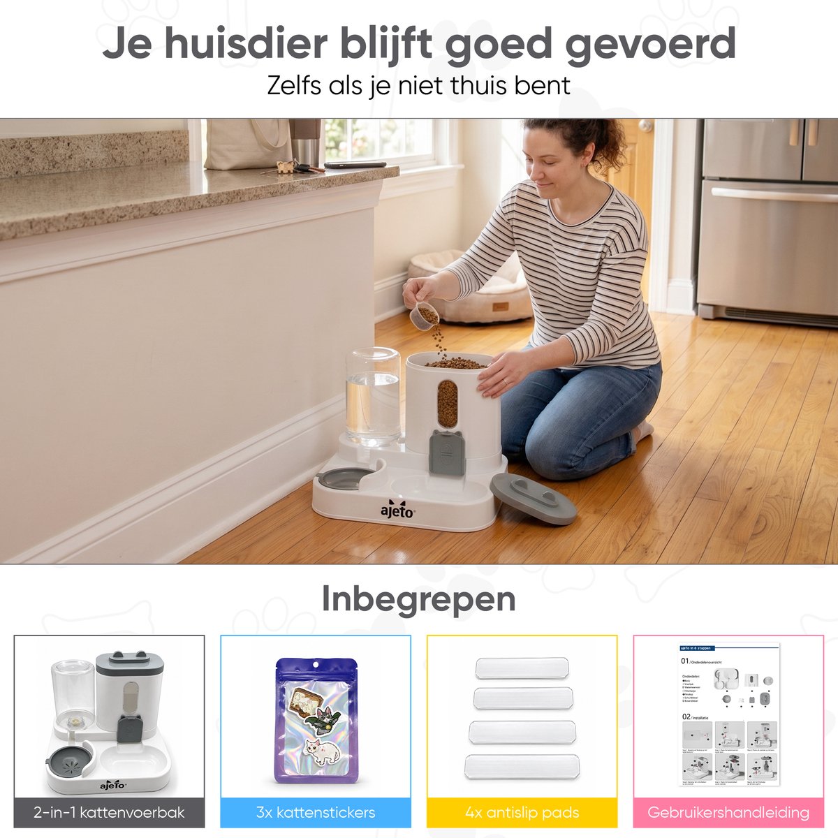 ajeTo Voerbak Kat 2-in-1 met Waterreservoir en Anti-Schrok Functie - afbeelding 3