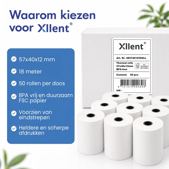 Een doos met 50 Xllent thermische rollen van 57x40x12mm, BPA-vrij FSC-papier met eindstreep.