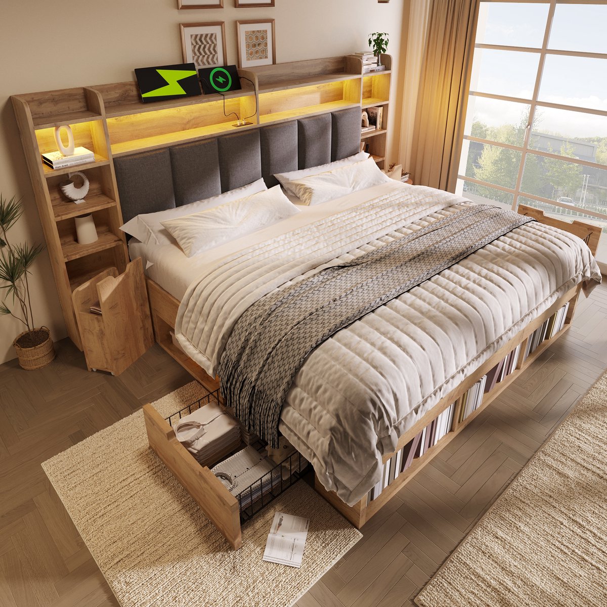 MODFU Tweepersoonsbed Met Opbergruimte En Verplaatsbare Nachtkastjes - Led-Verlichting En Oplaadpunten - Eikenkleur - 180 X 200 Cm