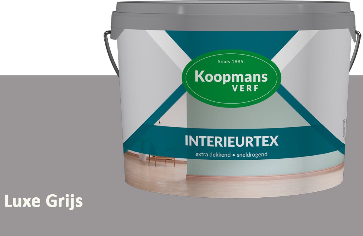 Koopmans Interieurtex Matte Muurverf Binnen – Extra Dekkende Sneldrogende Verf voor Muren en Plafonds – Luxe Grijs – 7,5 l