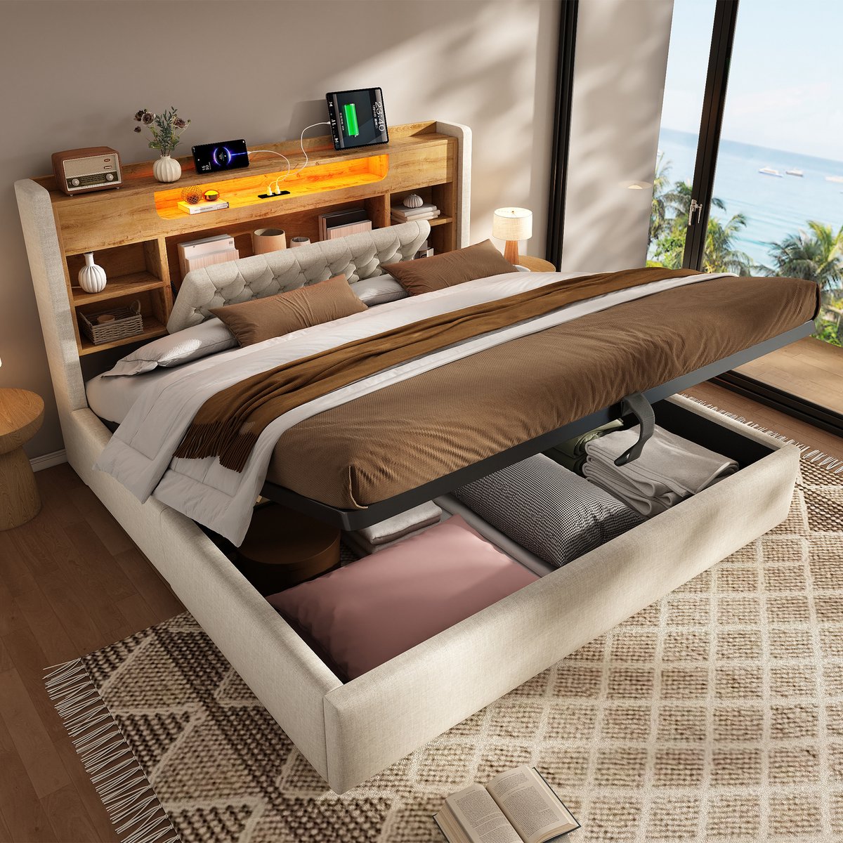 MODFU Gestoffeerd Bedframe - Hydraulische Opbergruimte En LED - Retro - Met Hoofdbordplank En Oplaadpunten - Linnen - Beige - 180 X 200 Cm