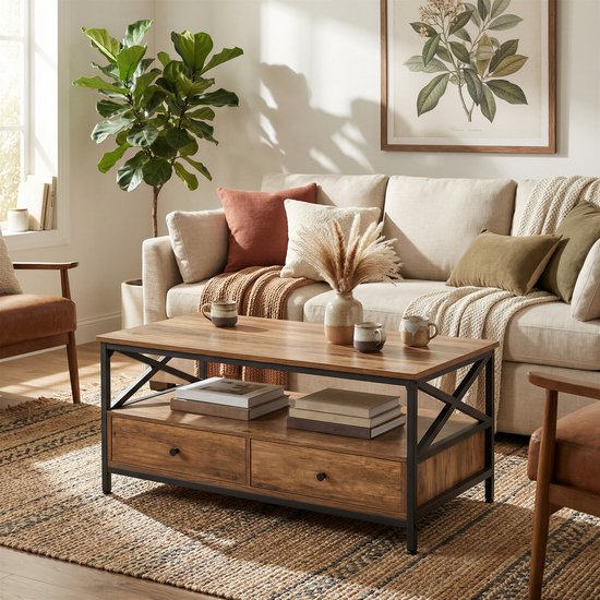 Salontafel met houten blad en open vakken, twee lades met zwarte knoppen, zwart metalen frame met X-details, gestyled met kussens, plaids en mokken.