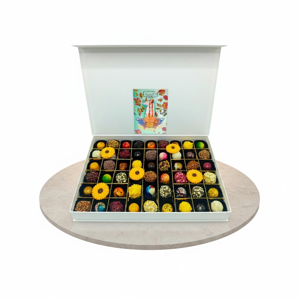 Chocoseum en Chocoladna Luxe chocolade cadeau FLOWER POWER-ChocolaDNA-Mix heel groot(54 stuks)_Bonbons_Luxe bonbons_Chocolade cadeau_Geschenkdoos chocolade_Vegan chocolade_Pralines_Truffels_Verjaardag_Moederdag_Vaderdag_Valentijn Bedankt_Vegatarisch