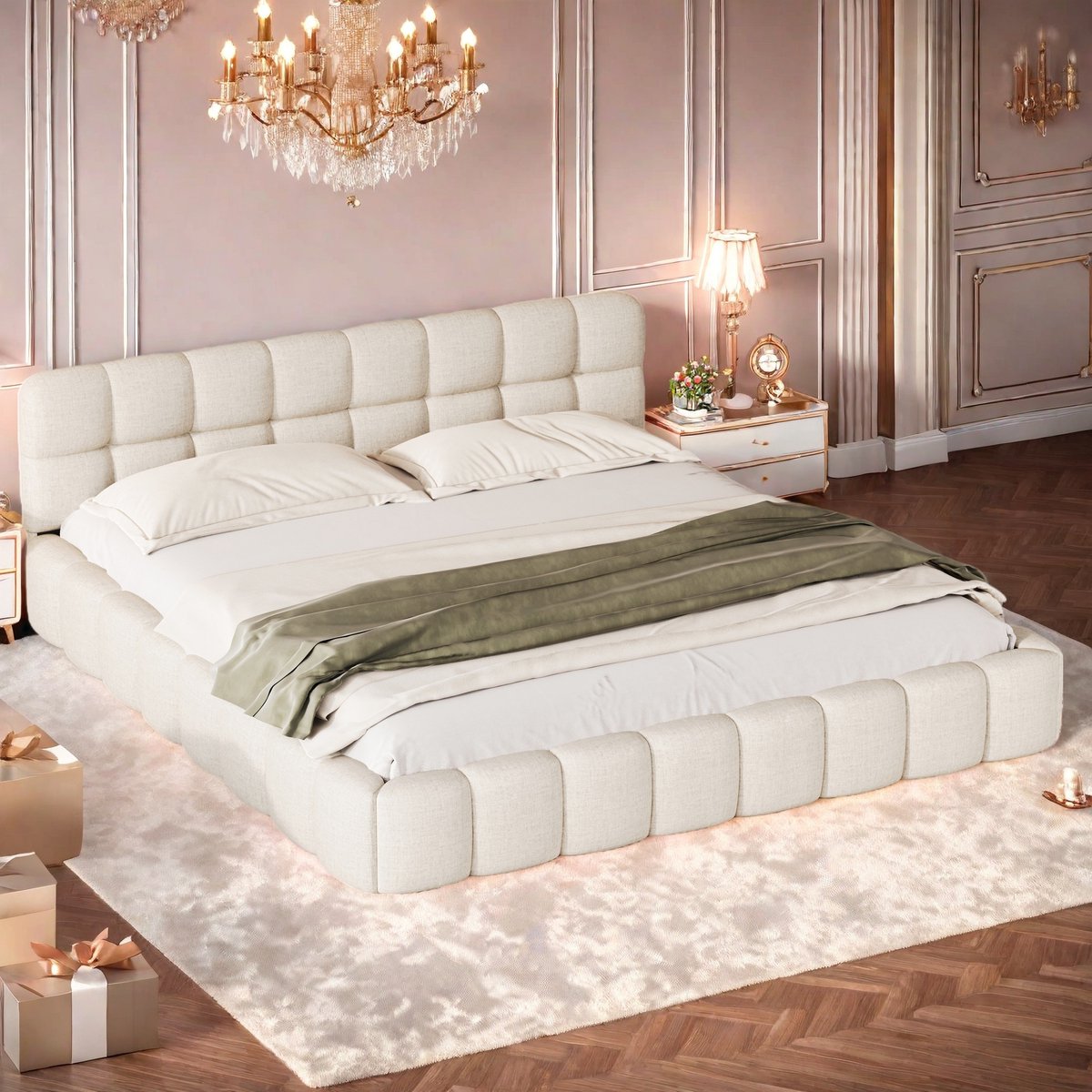 Tweepersoonsbed 140 x 190 cm, jeugdbed, zachte rugleuning, vlak bed, gestoffeerd frame, beige linnen lattenbodem (matras niet inbegrepen)