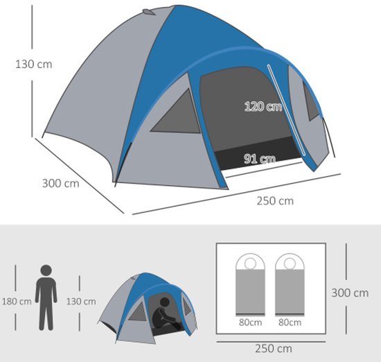 Dubbelwandig Koepeltent Iglu voor 4 personen, 4‑seizoenentent waterdicht met muskietennet en draagtas, blauw polyester — afbeelding 2