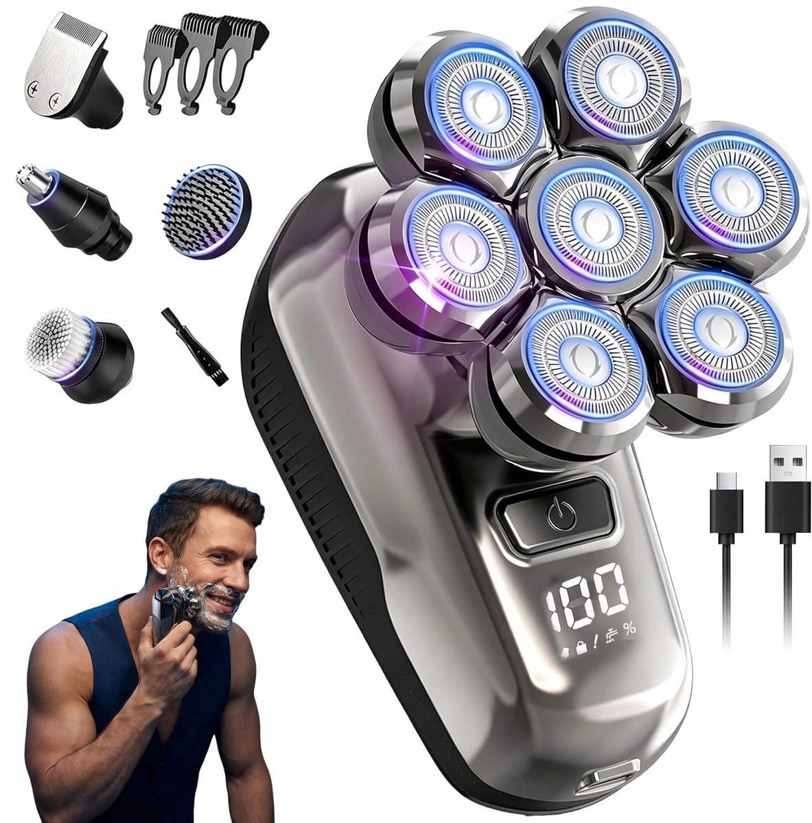 Scheerapparaat Mannen - 7-Blads Elektrisch Scheerapparaat - 800mAh Oplaadbaar & Draadloos - Multifunctioneel voor Lichaam & Neus - Zilver - Voor Kaalhoofd & Onderweg