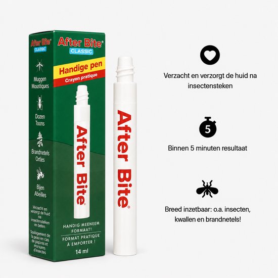 Verpakking en pen van After Bite Classic. Groene doos met rode tekst en witte pen. Iconen tonen: hartje, timer met '5' en insect.