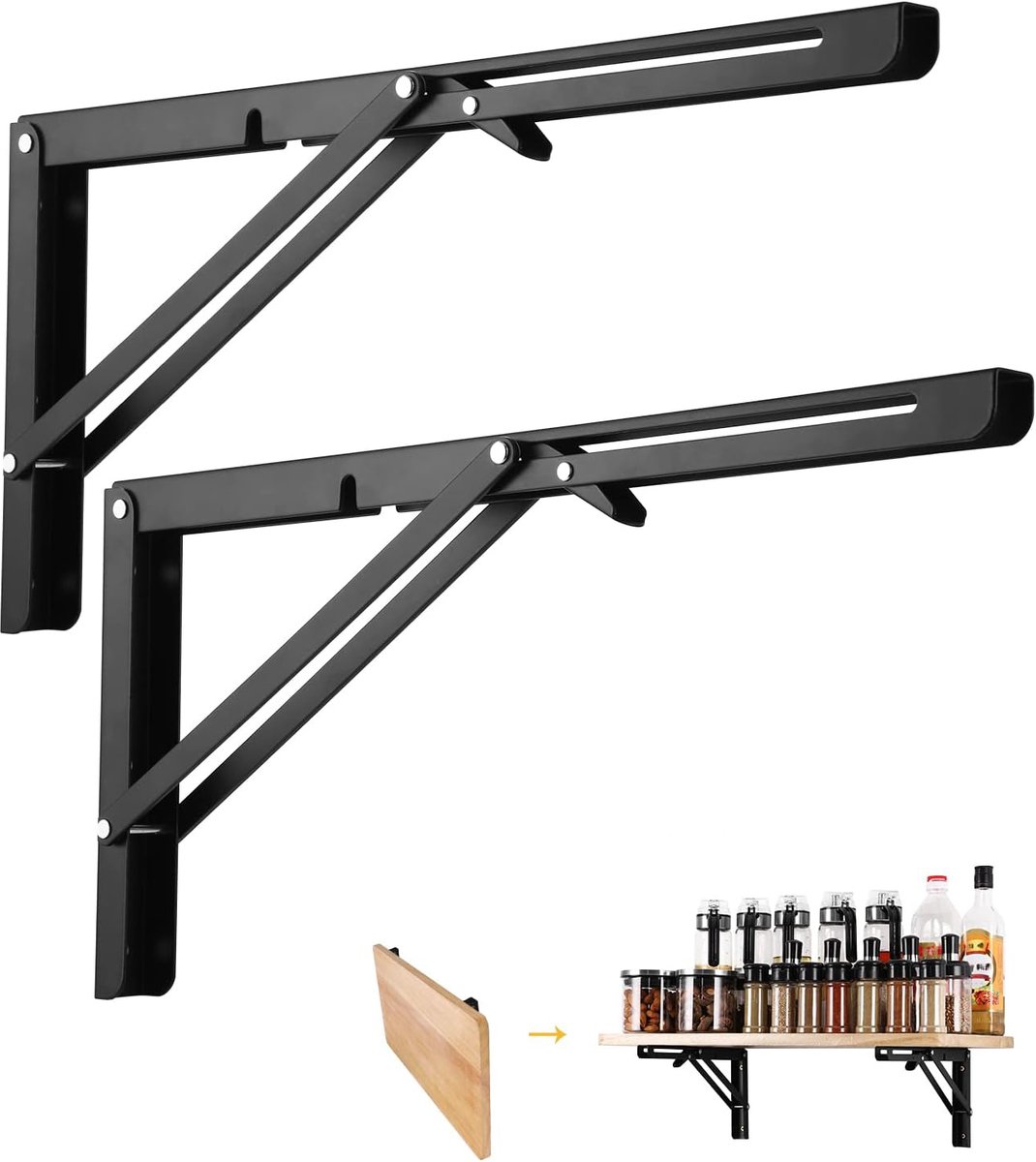 Klapplankhouders 400 mm, 2 stuks klapconsole zwart, Plankbeugel Heavy Duty, Drijvende Tafel Supporter Beugel Frame, draagvermogen 70kg, voor ruimtebesparend Haakse Wandmontage klaptafel.