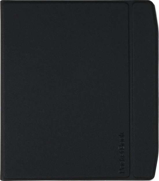 Een dichte kijk op de zwarte PocketBook e-reader hoes met een subtiel "PocketBook" logo.