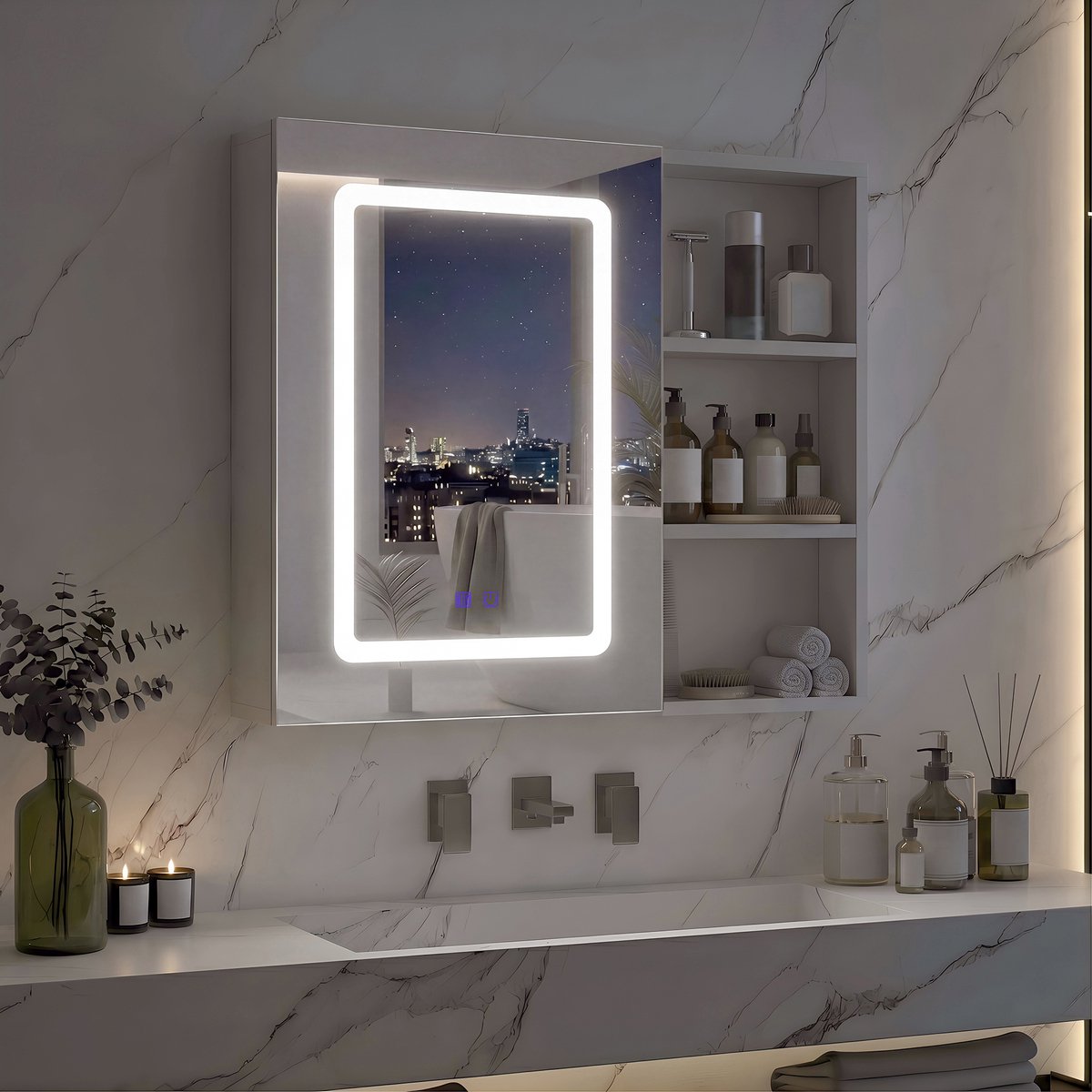 ROSAHQNDA Badkamerkast – Met aanraakgevoelige 3-kleuren LED-verlichting, anti-condensfunctie – Spiegelkast – Verstelbare planken – Wit – 60,2 x 60,2 x 15,2 cm