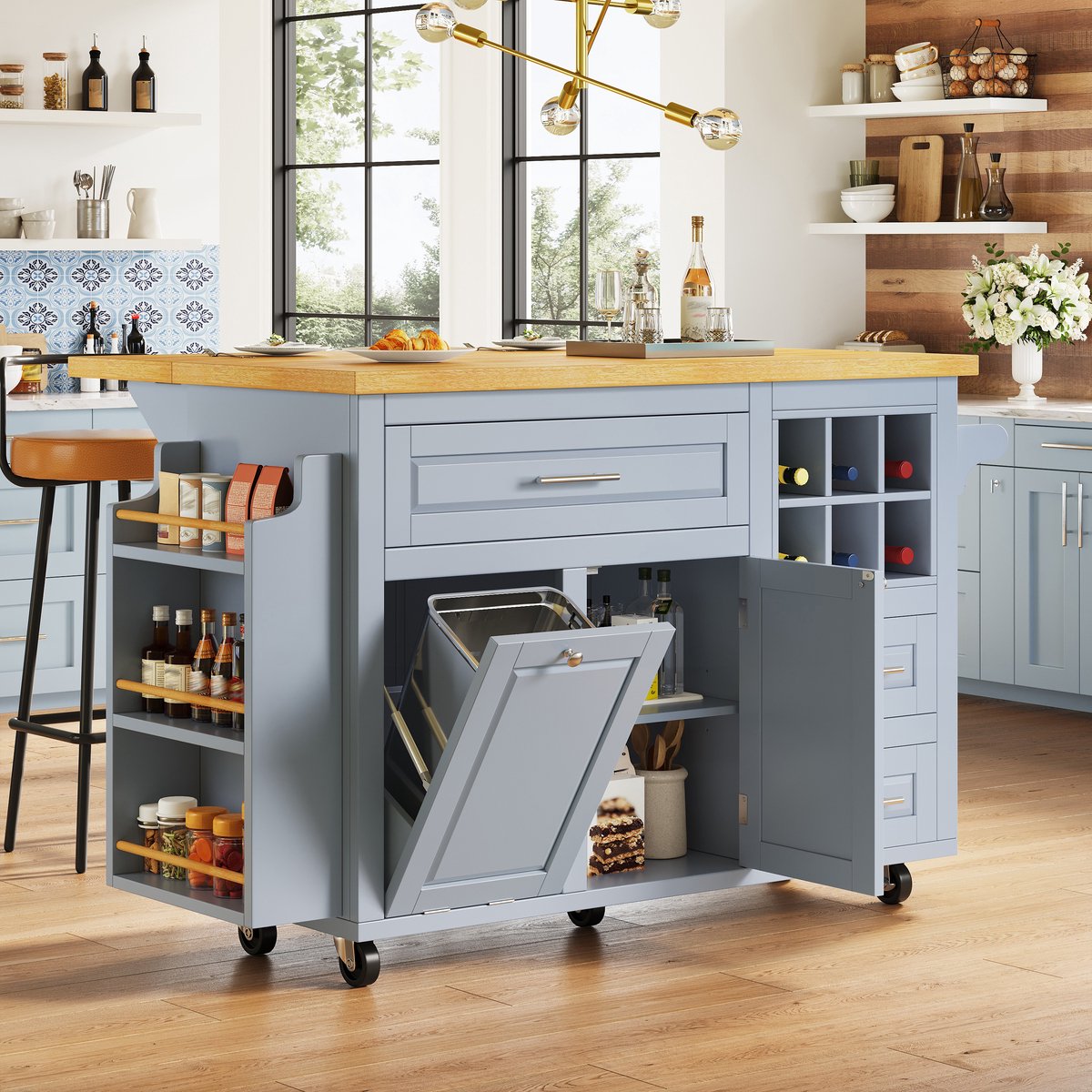 MIVRAY Keukenwagen - Met Klapbaar Werkblad En Wijnrek - Voor Keuken En Eetkamer - MDF En Metaal - Blauw - 143x75x91 Cm