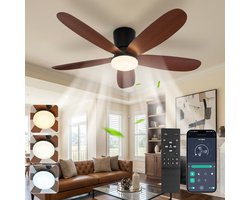 Rosnek Plafondventilator met Lamp voor Laag Plafond - Flush Mount - App & Remote - Dimbaar LED 18W - Fluisterstil - Zomer en Winter Stand - Geheugenfunctie - ⌀ 106 CM - Walnoot