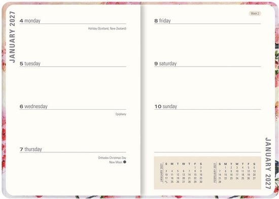 Pagina van de agenda met de week van januari 2027, met een kleine kalender en bloemenrand.