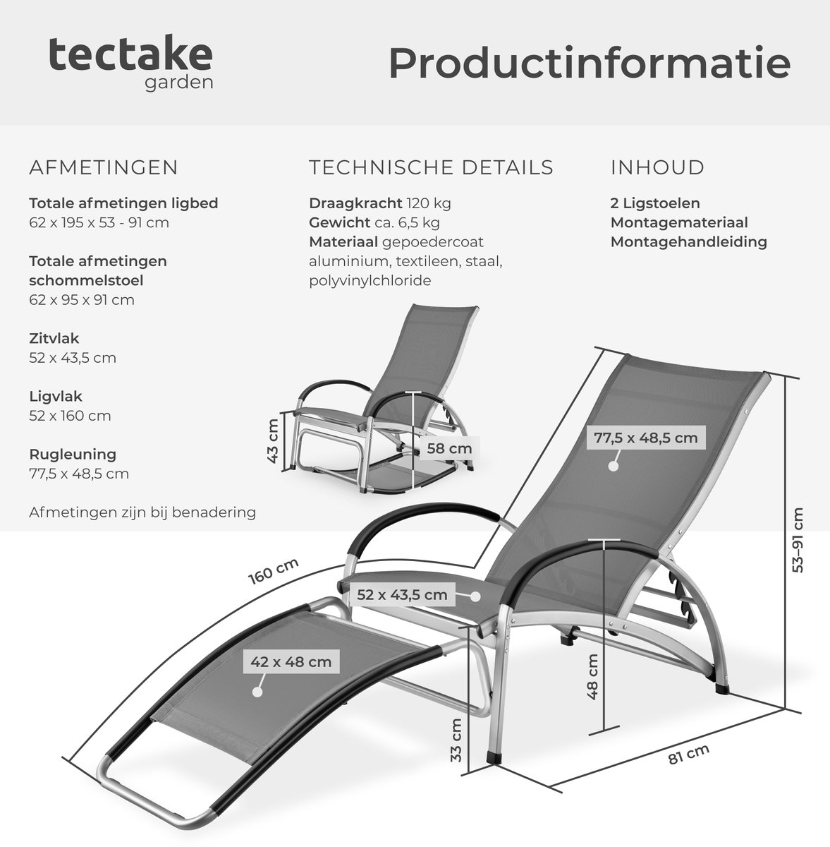 tectake® Set van 2 Ligbedden Avignon - 2-in-1 Verstelbare Ligstoelen - Schommelstoelen voor Buiten - Weerbestendig frame en waterafstotend, luchtdoorlatend weefsel - Tuinstoel - Balkonstoel - 195cm lang - Antraciet – foto 6