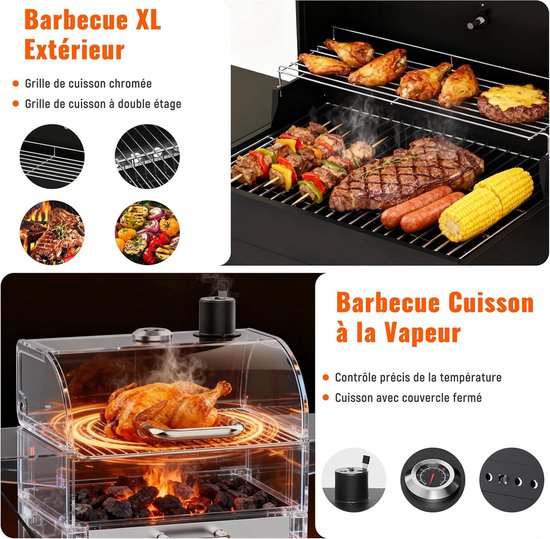 XL Smoker Houtskool BBQ Grillwagen met Thermometer, Dubbel Grillrooster, Zijtafel & Wielen 110 x 48 x 103 cm — afbeelding 2